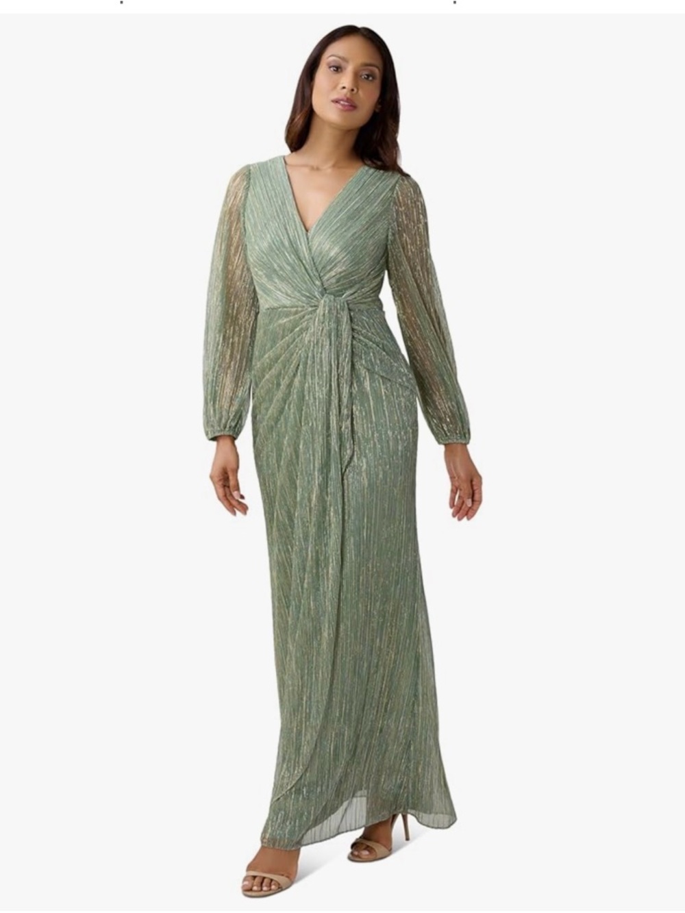 Adrianna Papell Metallic Sage Green Long-Sleeve Knot Front Gown